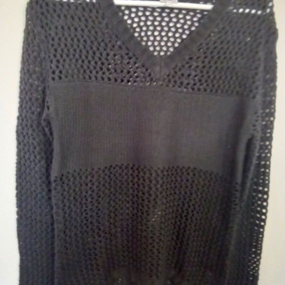 Charcoal Grey Open Knit Long Sleeve V Neck Sweater - Picture 15 of 15